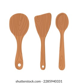 Vector illustration set of wooden dishes, kitchen utensils isolated on white background. Vector illustration of wooden spoons, cutting board, wooden bowls
