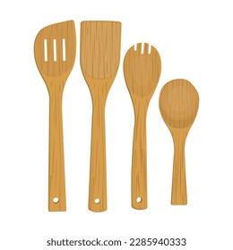 Ilustración vectorial de platos de madera, utensilios de cocina aislados de fondo blanco. Ilustración vectorial de cucharas de madera, tabla de corte, tazas de madera