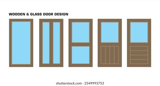 Ilustração vetorial de um conjunto de projetos de porta de madeira e de painel de vidro em várias variações