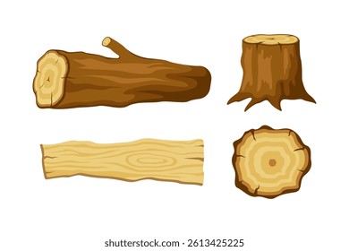 vector illustration Set of wooden objects including tree logs, stumps, and planks representing natural textures and patterns.