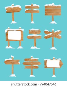 Vector illustration set of wooden street signs in the snow, pointers collection, winter, snow in flat style.