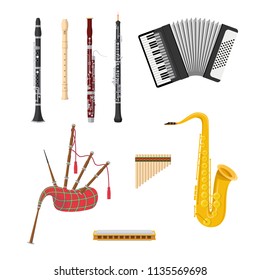 Vector illustration set of woodwind musical instruments in cartoon style isolated on white background