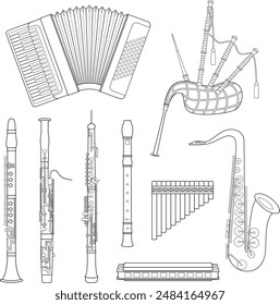 Vector illustration set of woodwind musical instruments for coloring in cartoon style isolated on white background