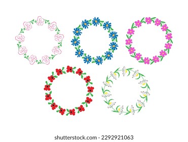 vector illustration set wreaths of summer flowers - rose, cornflower, kosmeya, poppy and chamomile - round frames with place for text