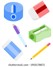 Vector illustration of a set of Writing and drawing supplies for school and office