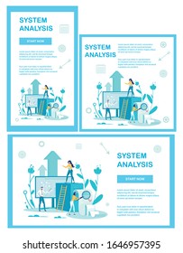 Vector Illustration, Set Written System Analysis. Employees Business Clothes are Standing against Background Computer Monitor and Long Document. Girl Stands Top Computer, near High Staircase.