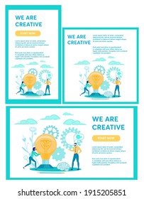 Ilustración vectorial, Set Written somos creativos. Hombre y mujer miran la bombilla, el suelo de la mentira del cerebro. Una mujer sostiene una bombilla, un hombre se para a su lado y piensa en los engranajes de fondo.