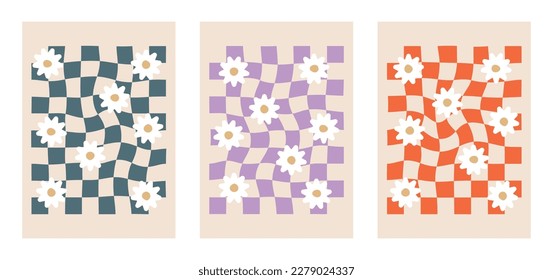Vector illustration. Set of Y2k backgrounds. Cool simple geometric posters with flowers. Set of checkerboard backgrounds in pastel colors. Suitable as a palette for printing patterns or textiles.