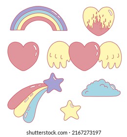 Vector illustration set from y2k vibe. Nostalgia for the 2000 years. Hearts with flame and wings, star with tail, rainbow, cloud