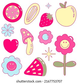 Vector illustration set from y2k vibe. Nostalgia for the 2000 years. Heart, star, mushroom, apple, strawberry, watermelon, flowers