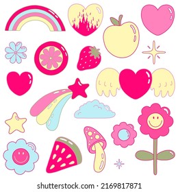 Vector illustration set from y2k vibe. Nostalgia for the 2000 years. Heart, star, mushroom, apple, strawberry, watermelon, flowers, rainbow, cloud