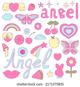 Vector illustration set from y2k vibe. Nostalgia for the 2000 years. Heart, star, mushroom, apple, strawberry, watermelon, flowers, rainbow, cloud, butterfly, hare, lip, cherry, lettering angel