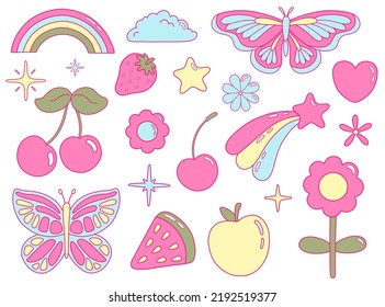 Vector illustration set from y2k vibe. Nostalgia for the 2000 years. Heart, star, apple, strawberry, watermelon, flowers, rainbow, cloud, butterfly, cherry