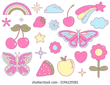 Vector illustration set from y2k vibe. Nostalgia for the 2000 years. Heart, star, apple, strawberry, watermelon, flowers, rainbow, cloud, butterfly, cherry