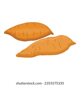 Ilustración vectorial de un conjunto de batatas amarillas marrones en estilo plano de dibujos animados. Batata o yam enteras en rodajas aisladas sobre fondo blanco. Raíz vegetal orgánica, vegetal saludable, carbohidratos nutritivos.