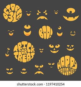 Vector illustration:  set of yellow eyes  of scary monsters and letterings isolated on black background. Decorative elements for Halloween party greeting cards, posters, postcards, scrapbooking
