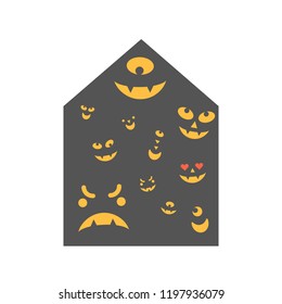 Vector illustration: set of yellow eyes and jaws with teeth isolated on black background in shape of house. Decorative element for Halloween party greeting cards, posters, postcards, scrapbooking