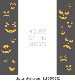 Vector illustration: set of yellow eyes and sharp teeth of scary monsters isolated on black background. Decorative elements for Halloween party greeting cards, posters, postcards, scrapbooking
