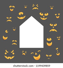 Vector illustration: set of yellow eyes of scary monsters around abstract house isolated on black background. Decorative elements for Halloween party greeting cards, posters, postcards, scrapbooking
