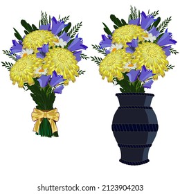 Vector illustration set of yellow flower bouquet with bow and flowers in vase 