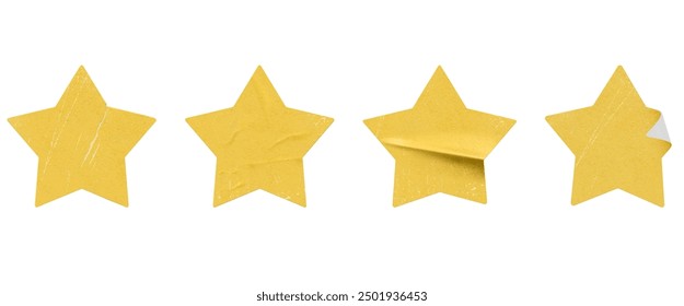 Conjunto de Ilustración vectorial de estrellas amarillas en varias condiciones, que se asemejan a las viejas pegatinas de papel. Cada estrella muestra diferentes niveles de desgaste, incluyendo pliegues, pliegues y bordes rizados.