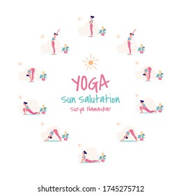 Vector illustration set of yoga exercise Sun Salutation / Surya Namaskar. slim women in different yoga positions, Woman yoga workout fitness, Vector illustration set.