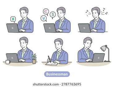 Vector Illustration Set of a Young Businessman with 6 Work Styles and Tasks: Suit, Social Media, Foreign Exchange, Remote Work, and Night Study