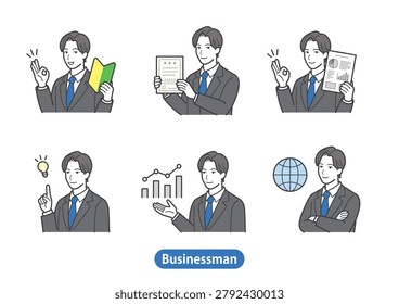 Vector Illustration Set of a Young Businessman with 6 Business Success and Beginner Concepts: Suit, Newcomer, Performance Graph, and Certificate