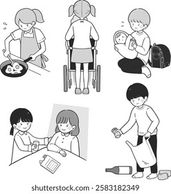 Vector Illustration set of young carer. You’re a young carer if you’re under 18 and help to look after a relative with a disability, illness, mental health condition, or drug or alcohol problem.