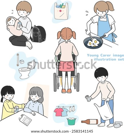 Vector Illustration set of young carer. You’re a young carer if you’re under 18 and help to look after a relative with a disability, illness, mental health condition, or drug or alcohol problem.