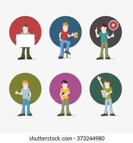 Vector illustration set of young casual man. Various poses.