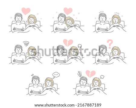 Vector illustration set of a young couple in bed (various situations)
