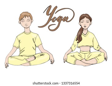 Vector illustration set of a young girl and boy practicing yoga, meditation in light soft colours plus lettering word isolated on white background