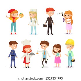 Vector illustration set of young kids boys and girls of different professions. Doctor, builder, cook, policeman and painter, chemist kids in cartoon flat style.