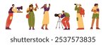 Vector illustration of a set with a young man and a woman-researchers are observing wildlife, animals and birds using binoculars and a professional camera.