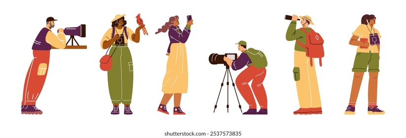 Vector illustration of a set with a young man and a woman-researchers are observing wildlife, animals and birds using binoculars and a professional camera.