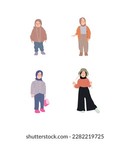 vector illustration of a set of young muslim women children