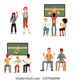 Vector illustration set of young people watching football match and drinking beer in flat style - isolated smiling male and female sport fans rooting for soccer team watching game on tv in bar.