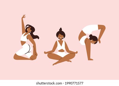 Vector illustration set with young women doing yoga exercising. Various of yoga poses.