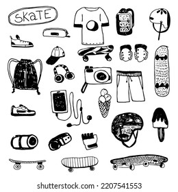 Vector illustration set youth sport skate. Skate and clothes for skaters. Accessories for active sports. Doodle illustration. Hand-drawn.