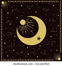 Vector illustration set  of zodiac signs. Different stages of moonlight activity in vintage engraving style.