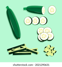Vector illustration set of zucchini. Round and dice sliced of zucchini. High fiber vegetable for diet. Organic vegetable for vegetarian.