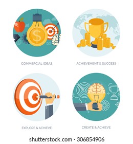 Vector illustration set.Bulb, target, trophy and brains. Flat business concept background. Achievements and mission. Aims and new ideas. Smart solutions.