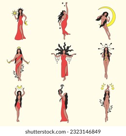 Vector Illustration Seth Girl Magic Hecate Witch Moon Goddess Femininity Black Yellow Purple Long Hair Rad