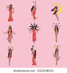 Vector Illustration Seth Girl Magic Hecate Witch Moon Goddess Femininity Black Yellow Purple Long Hair Rad