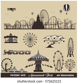 Vector illustration set.Roller Coaster Silhouette .Carousel