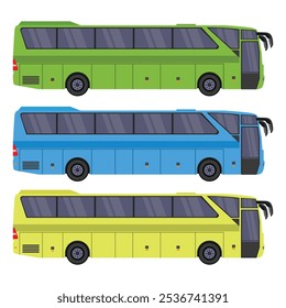 Ilustración vectorial Conjuntos de autobús en estilo plano de dibujos animados. Transporte público terrestre en tres colores diferentes,. Icono o símbolo de recursos digitales, infografía, logotipo, etc