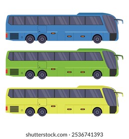 Ilustración vectorial Conjuntos de autobús en estilo plano de dibujos animados. Transporte público terrestre en tres colores diferentes,. Icono o símbolo de recursos digitales, infografía, logotipo, etc