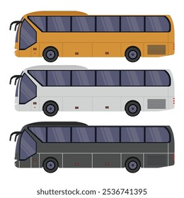 Ilustración vectorial Conjuntos de autobús en estilo plano de dibujos animados. Transporte público terrestre en tres colores diferentes,. Icono o símbolo de recursos digitales, infografía, logotipo, etc