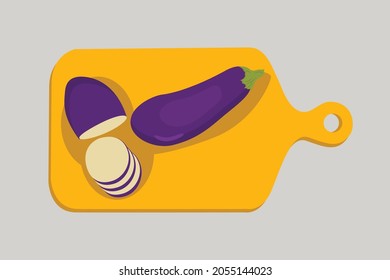 Ensayos de ilustraciones vectoriales de berenjenas, berenjenas en rodaja en cartón naranja, utensilios de cocina